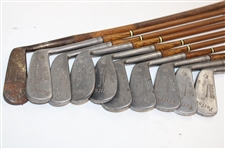 c.1920's Symons Golf Shop San Antonio Stainless Steel Iron Set by Texas HoFer Will Symons w/Stovepipe Golf Bag