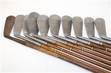 c.1920's Symons Golf Shop San Antonio Stainless Steel Iron Set by Texas HoFer Will Symons w/Stovepipe Golf Bag