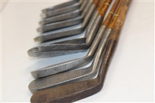 c.1920's Symons Golf Shop San Antonio Stainless Steel Iron Set by Texas HoFer Will Symons w/Stovepipe Golf Bag