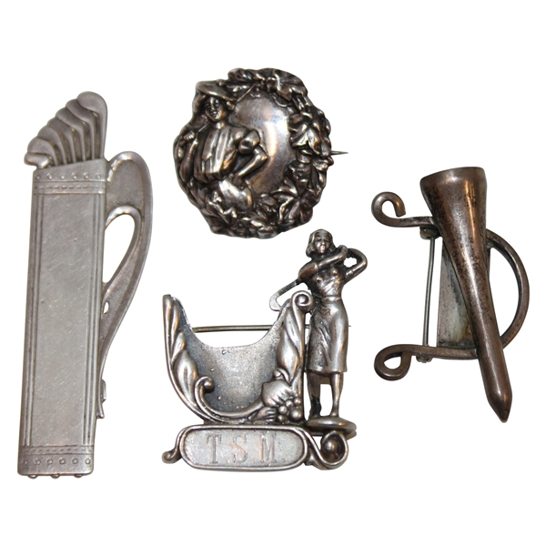Sterling Silver Tee, Lady Golfer Pin, Golf Bag w/Clubs & Lady Golfer Medallion