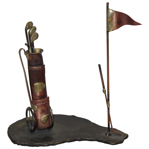 Copper Golf Cart, Bag, Clubs, And Pin Flag, Desk Stand, Circa 1950’s