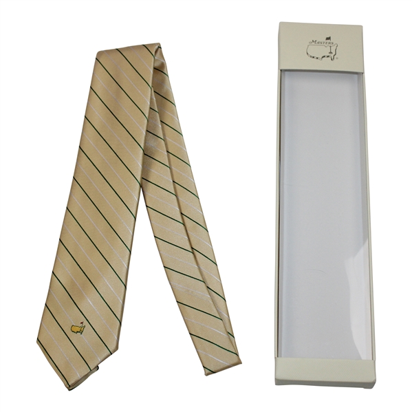 Masters Made in Italy Yellow Silk Necktie with Dark Green and White Thin Stripes