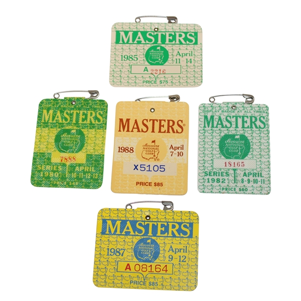 1980, 1982, 1985, 1987 & 1988 Masters Tournament SERIES Badges