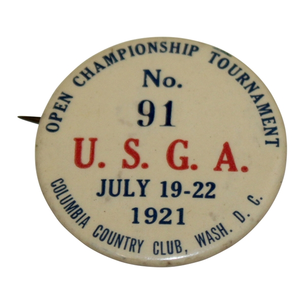 1921 US Open at Columbia CC U.S.G.A. Badge #91 - Jim Barnes Win