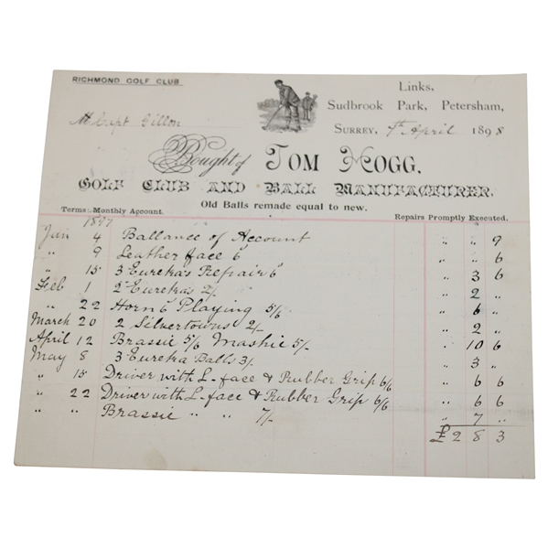 1897-98 Invoice From Tom Hogg Of Richmond Golf Club.