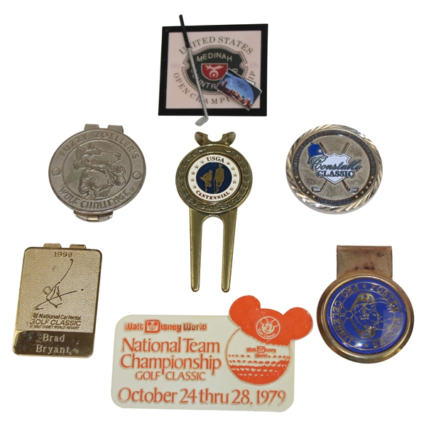 Various Brad Bryant Contestant Badges, Divot Tools, Clips, Pins & more