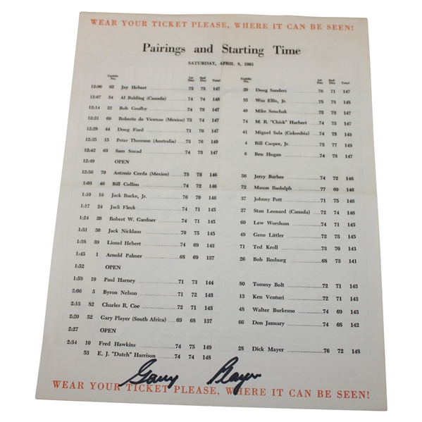 Gary Player Signed 1961 Masters Tournament Saturday Pairing Sheet JSA ALOA