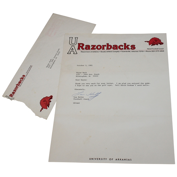 Lou Holtz Signed Letter To Wayne Beck JSA ALOA