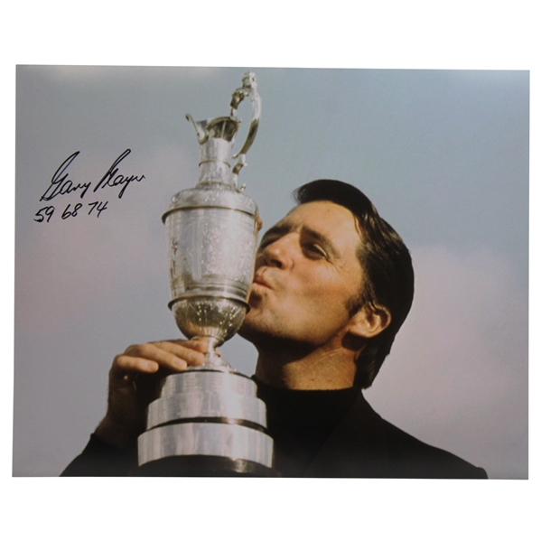 Gary Player Signed Claret Jug 16x20 Photo with 59,68,74 JSA ALOA