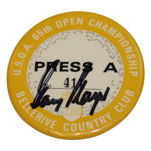 Gary Player Signed 1965 US Open at Bellerive Press Badge JSA ALOA