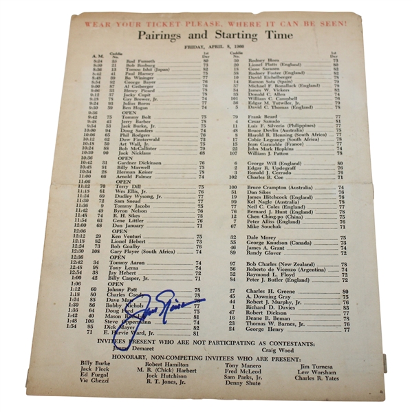 Jack Nicklaus Signed 1966 Masters Tournament Friday Pairing Sheet JSA ALOA
