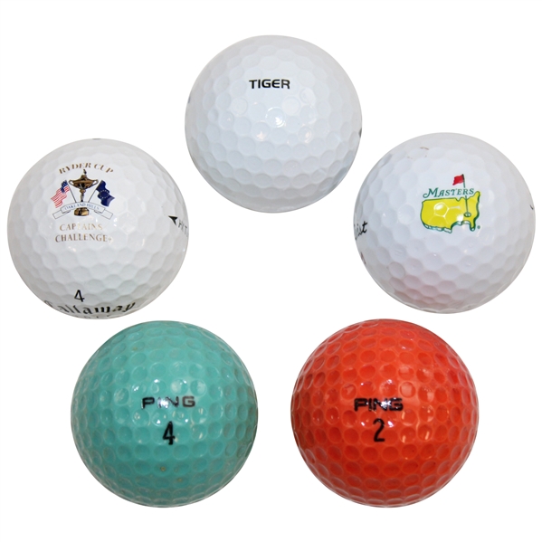 Five Golf Balls - Tiger, Masters, Ping, & Ryder Cup