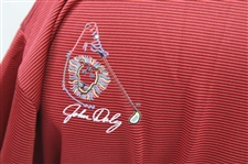 John Daly Signed Red And Grey Striped Dignity Collared Shirt with Sponsors JSA ALOA