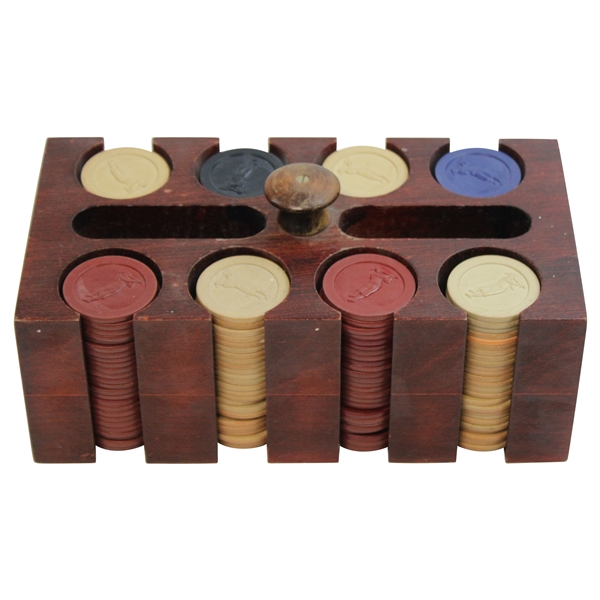 200 Clay Poker Chips With Golfers On Both Side With Wood Holder