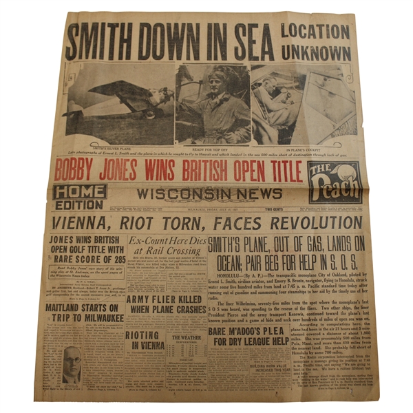 July 1927 Wisconsin News Headline Bobby Jones Wins British Open Title