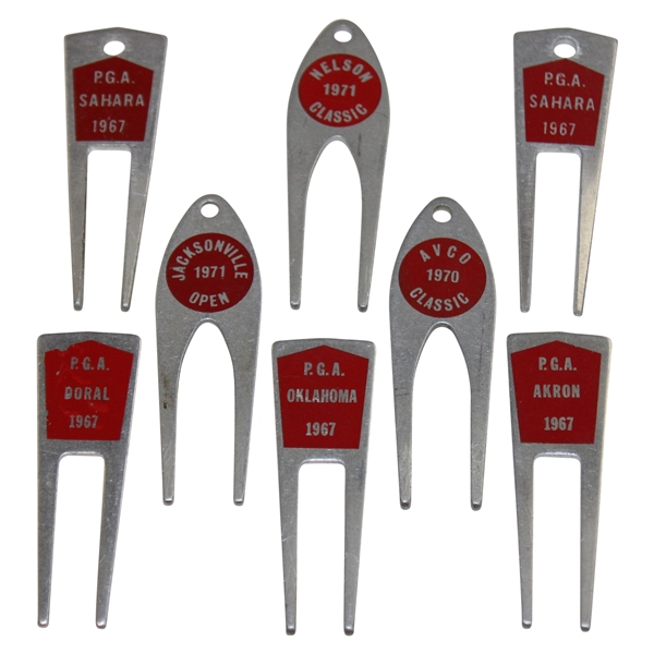 Eight (8) Tournament Contestant Red Label Divot Tools - 1967, 1970 & 1971 - Charles Coody Collection