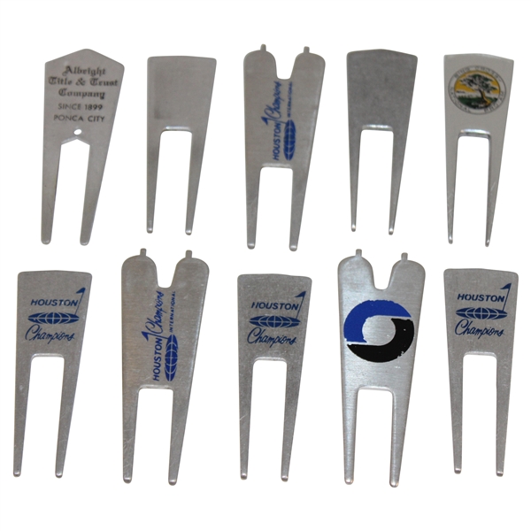 Ten (10) Various Tournament Divot Tools - Crosby, Houston & others - Charles Coody Collection