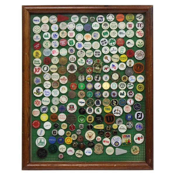 Framed Display of Approximately 175 Ball Markers & Pins - Masters, GHS, Bobby Jones & more
