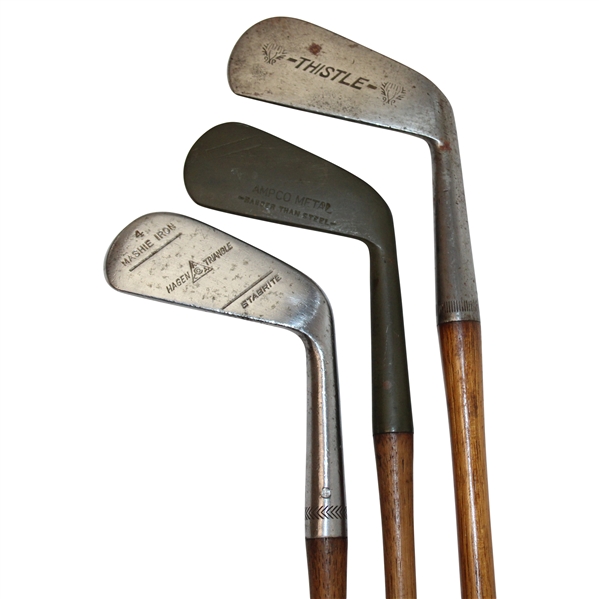 Three (3) Wood Shaft Irons Thistle Mid Iron, AMPCO Mid Iron & Walter Hagen Mashie 