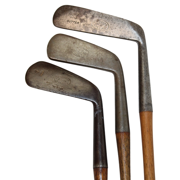 Three (3) Wood Shaft Clubs Bridgeport BGI Smooth Face Putter, Spalding Long Blade Putter & T. Stewart 4 Iron