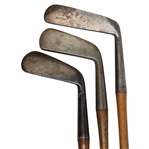 Three (3) Wood Shaft Clubs Bridgeport BGI Smooth Face Putter, Spalding Long Blade Putter & T. Stewart 4 Iron