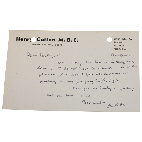 Henry Cotton Signed Hand-Written Note to Les Bolland - August 13, 1980 JSA ALOA