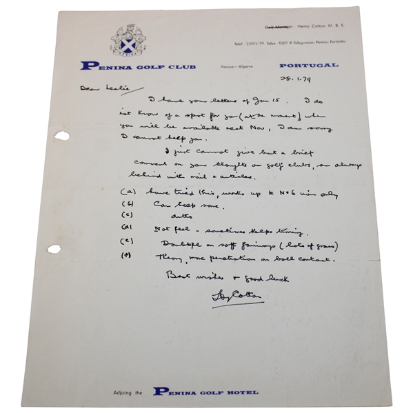 Henry Cotton Signed Hand-Written Note to Les Bolland - January 28, 1979 JSA ALOA