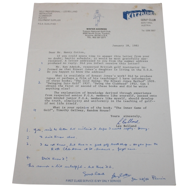 Henry Cotton Signed Typed Response to Les Bolland - January 18, 1982 JSA ALOA