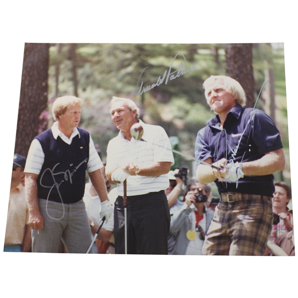 Nicklaus, Palmer, & Norman Signed Masters Tee Shot 8x10 Original Photo JSA ALOA