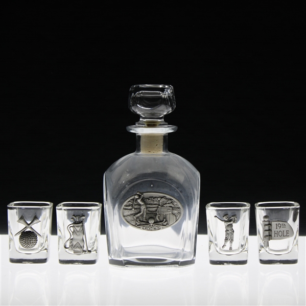 Vintage Golf Themed Pewter Overlay Decanter w/Four (4) Shot Glasses
