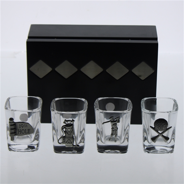 Four (4) Golf Themed Pewter Overlay Shot Glasses w/Box