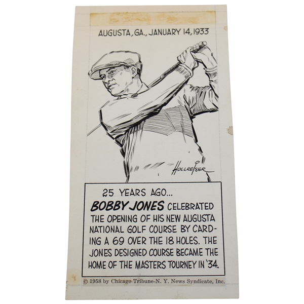 Original Bobby Jones 1958 Chicago Tribune This Day In Sports Opening of Augusta National 25th Anniv. Newspaper Illustration by Lenny Hollreiser