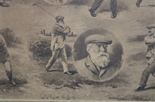 1907 'Open Golf Champions' by Artist Michael Brown Sepia Photogravure Incl. Vardon, Morris, Taylor, Braid - Framed