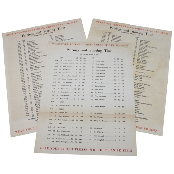 1958 Saturday & Two (2) 1960 Thursday Masters Tournament Official Pairing Sheets - Arnold Palmer Winner