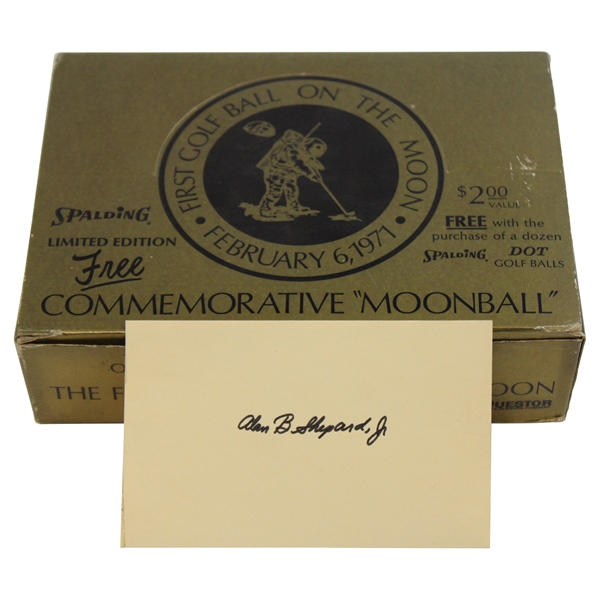 Alan Shepard Signed Index Card & Complete Spalding Moon Golf Ball Box w/ Dozen Balls