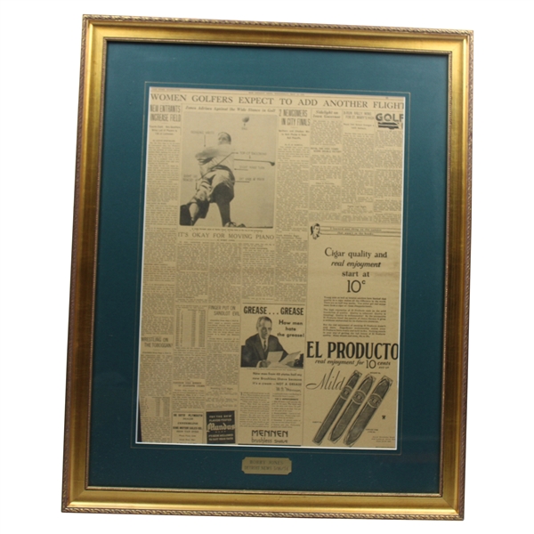 1934 Bobby Jones Detroit News Article Framed Display