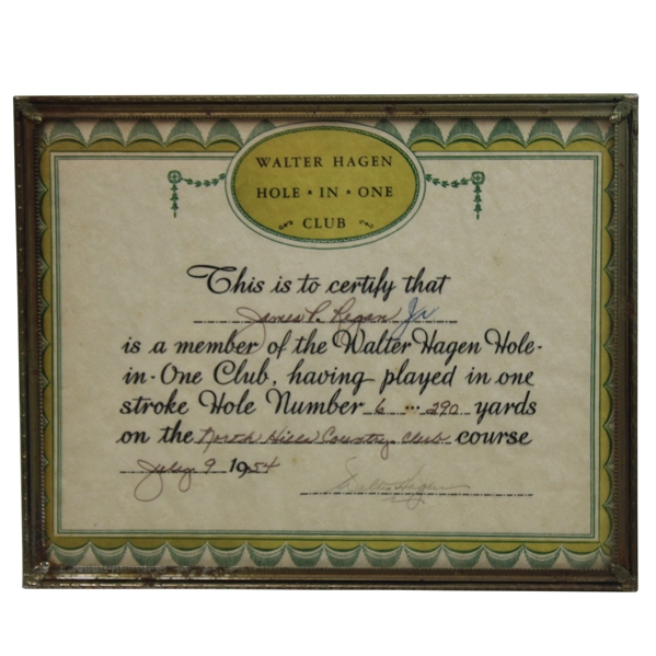 Walter Hagen Signed Hole In One Club Certificate Dated July 9 1954 JSA ALOA