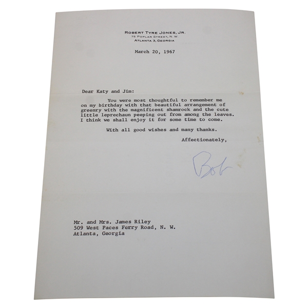 Bobby Jones Signed 1967 Typed Letter with Birthday Appreciation Content JSA ALOA