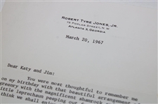 Bobby Jones Signed 1967 Typed Letter with Birthday Appreciation Content JSA ALOA