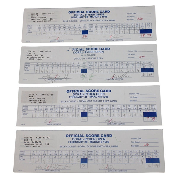 Faldo, Azinger, Price & Five (5) Others Signed 1998 & 1999 Doral Ryder Open Scorecards