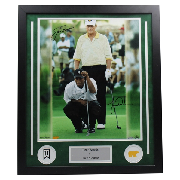 Jack Nicklaus & Tiger Woods Signed Oversize Lining Up Putt Photo - Framed UDA #BAM49409