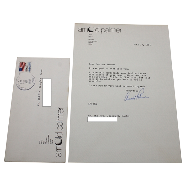 Arnold Palmer Signed 1981 Typed Letter with Dinner Invitation Content w/Envelope JSA ALOA