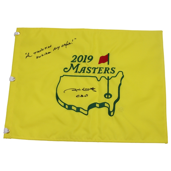 Jim Nantz Signed 2019 Masters Embroidered Flag with A Tradition Unlike Any Other JSA ALOA