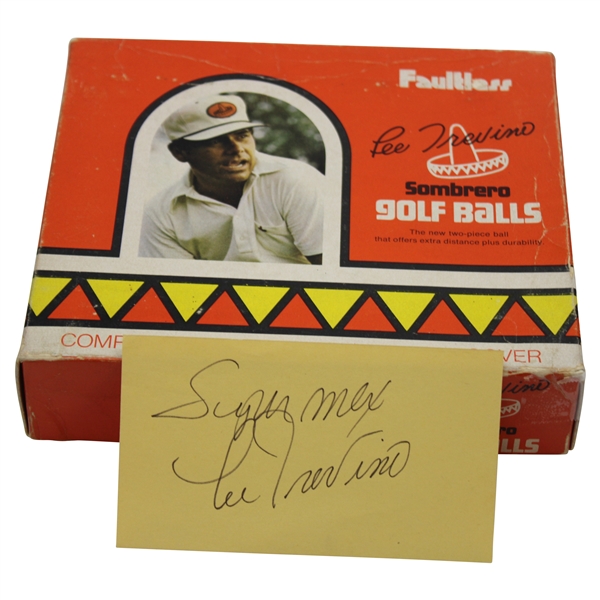 Lee Trevino Signed Cut Card w/Lee Trevino Faultless Sombrero Golf Ball Box w/Balls