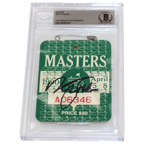 Nick Faldo Signed 1990 Masters Series Badge #A06346 Beckett #00015429742