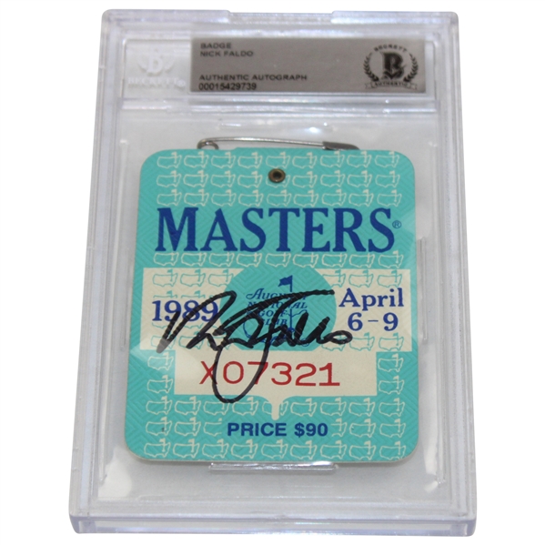 Nick Faldo Signed 1989 Masters Series Badge #X07321 Beckett #00015429739