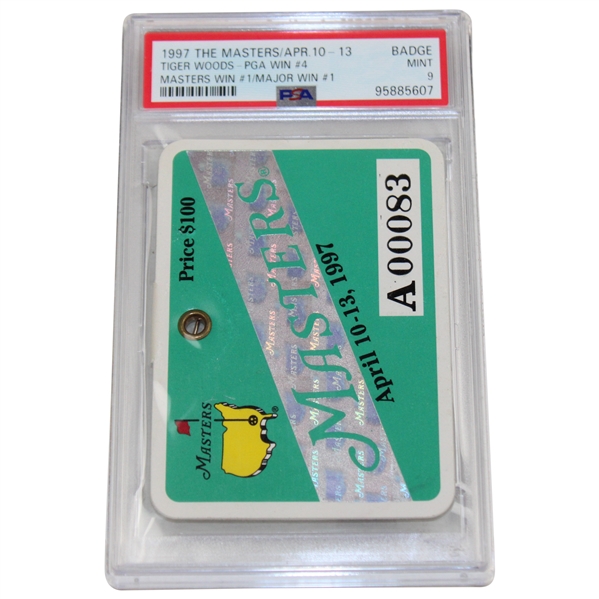1997 Masters SERIES Badge #A00083 - Tiger Woods First Major Win PSA MINT 9