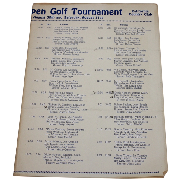 1940s $15000 Golden State Open Pairing Sheet And Starting Times