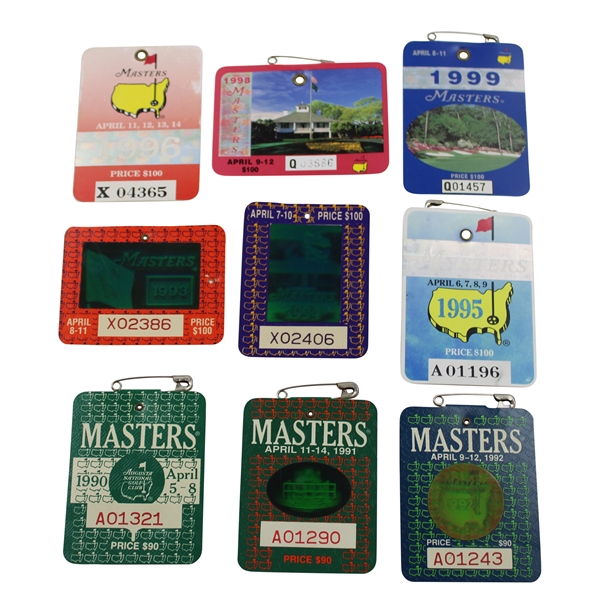 Nine (9) 1990s Masters Tournament SERIES Badges - 1990-1996 & 1998-1999