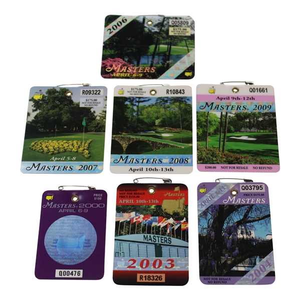 Seven (7) 2000s Masters Tournament SERIES Badges - 2000, 2003-2004 & 2006-2009